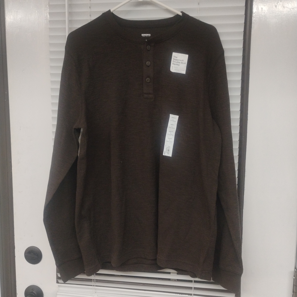 NWT Sonoma Super Soft Double Knit Henley Long Sleeve Shirt Brown Men’s Rekaxed L